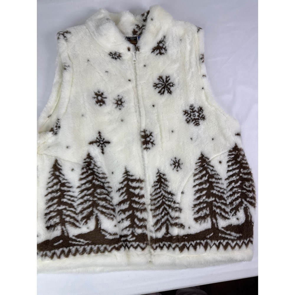 Cobblestone Canyon Faux Fur Vest Womens Medium White Brown Pine Tree Snowflake